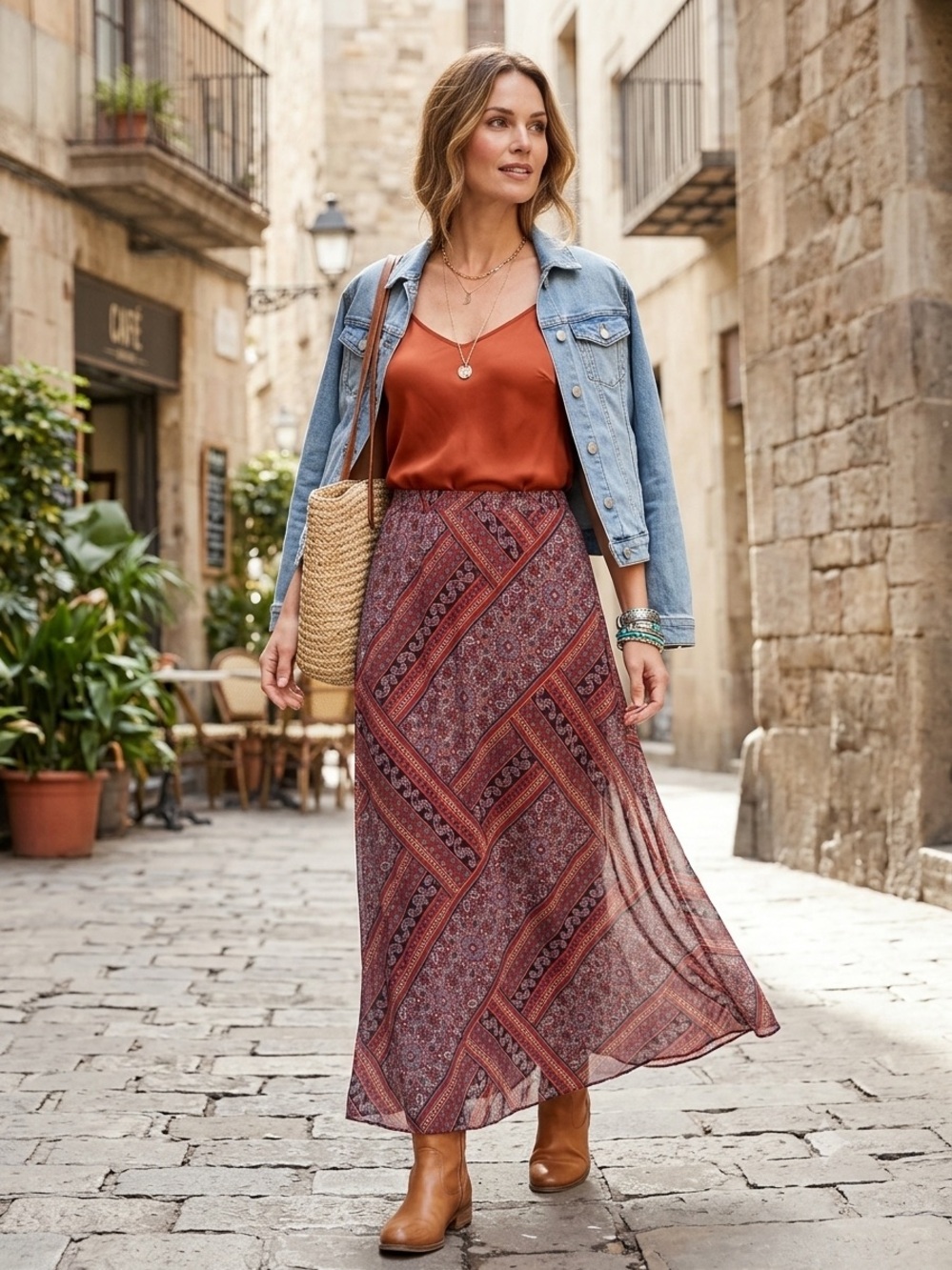 Steve Madden Rust‎ and Patterned Maxi Skirt